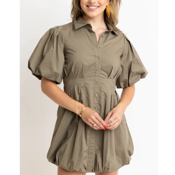 Karlie Dresses & Skirts - Karlie Solid Pleat Bubble Hem Mini Shirt Dress Button Up Olive Green Womens Sz S